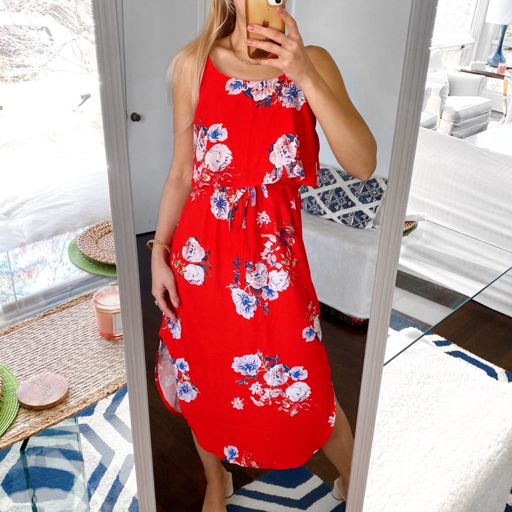 ❤️ YIDARTON BOHO RED MULTI FLORAL SLIT MIDI DRESS!
